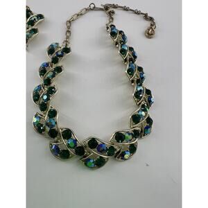 Aurora Borealis Crystal Green Rhinestone Jewelry Necklace Earrings Set Vintage